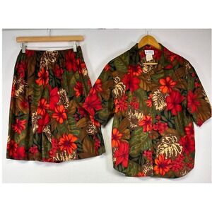 Vintage  90s Tropical Floral Cristin Stevens Womens Large 2pc Shirt Shorts Set